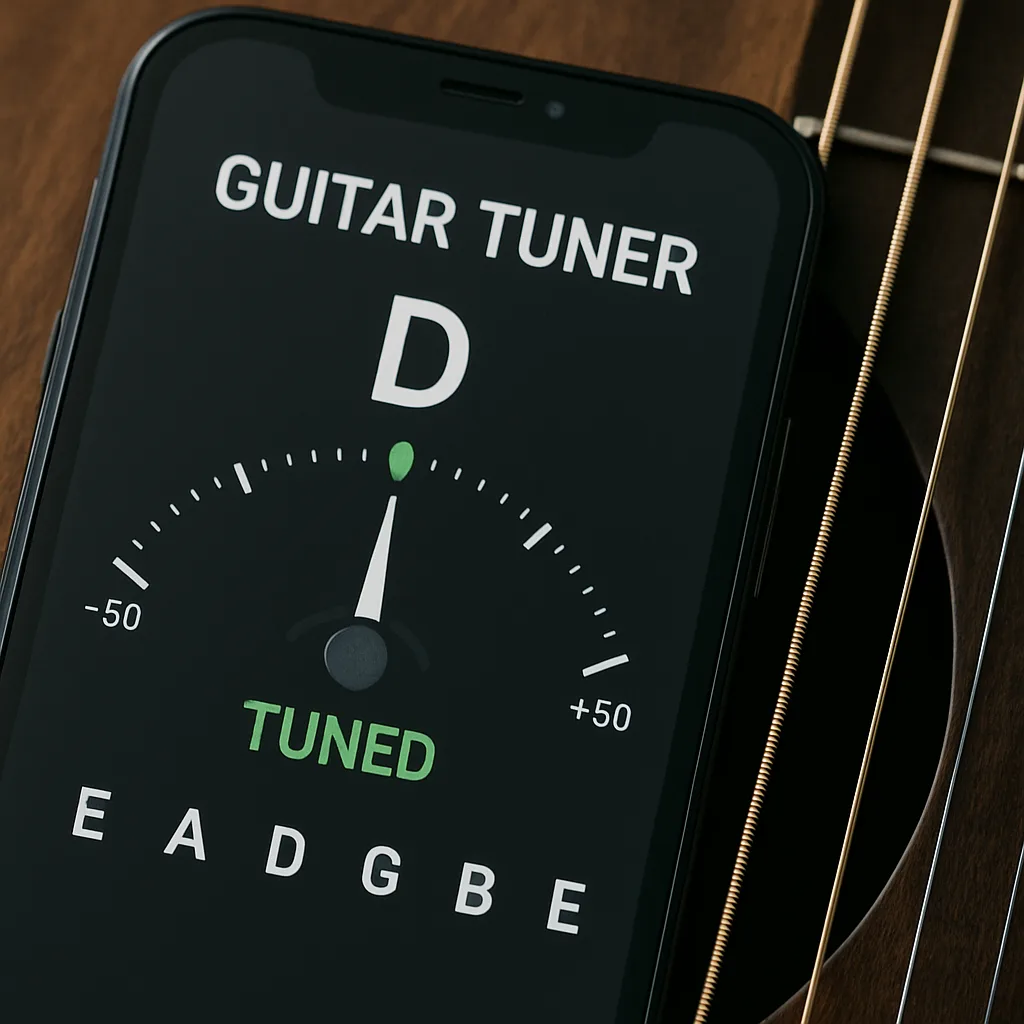 Smartphone screen showing guitar tuner app interface with tuning indicators