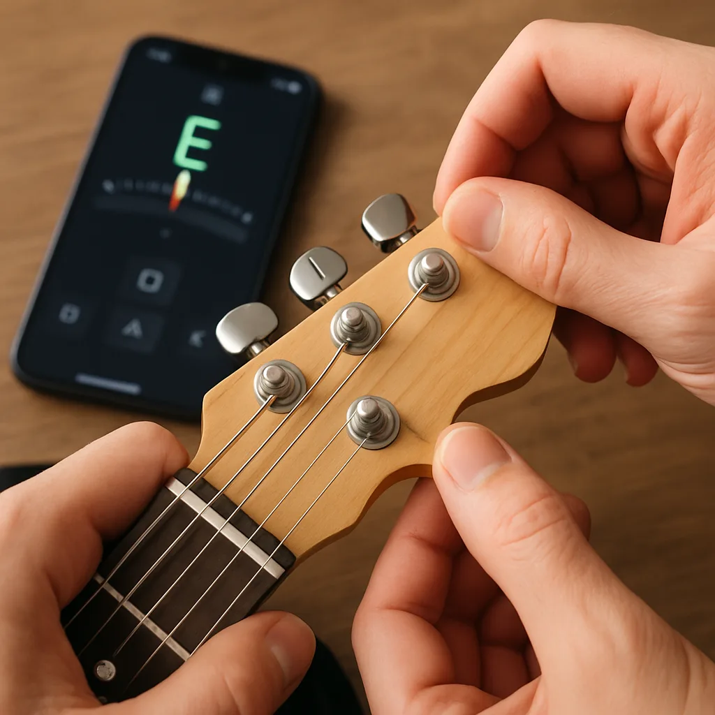 Hands tuning electric guitar with guitar tuner app visible