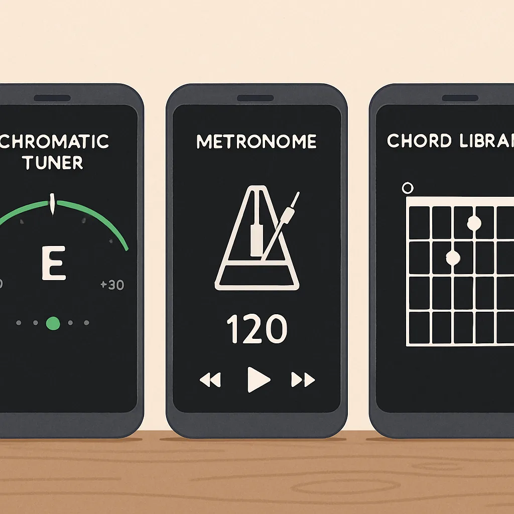 Various guitar tuner app features displayed on smartphone screens