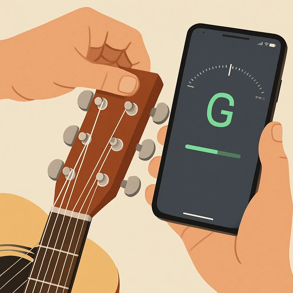 Hand tuning acoustic guitar with guitar tuner app on smartphone