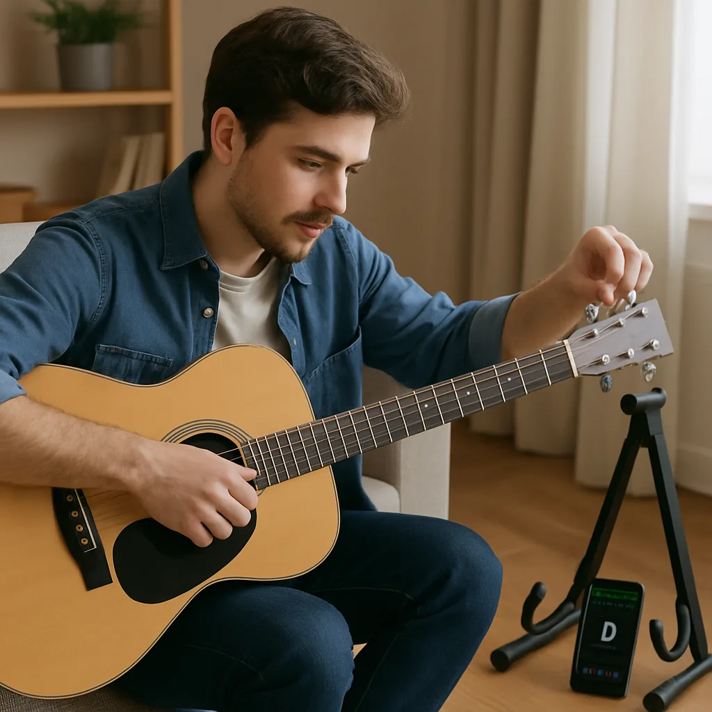 Guitarist tuning guitar at home with guitar tuner app on phone