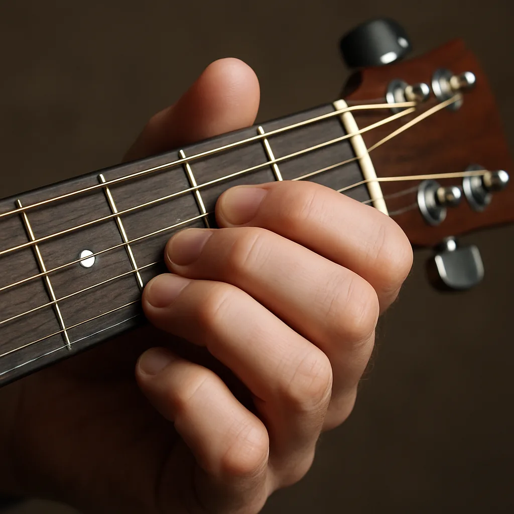 Fingers positioned on fretboard for a basic guitar chord