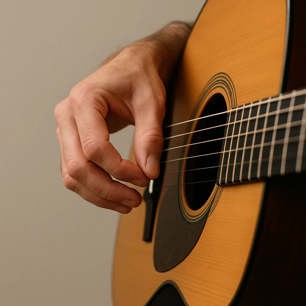 Hand plucking guitar strings demonstrating fingerstyle technique