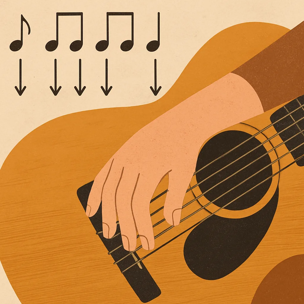 Hand strumming guitar strings with rhythm notes