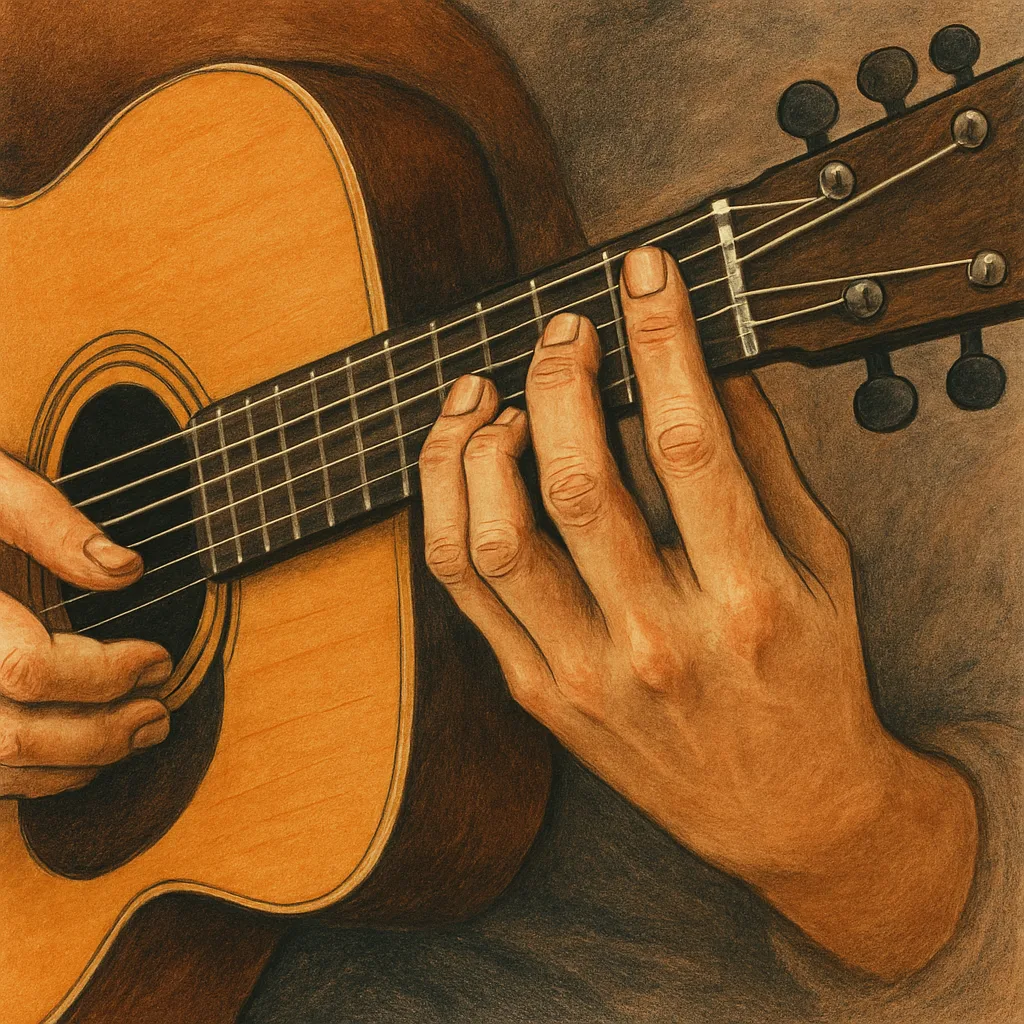 Hands playing basic guitar chords